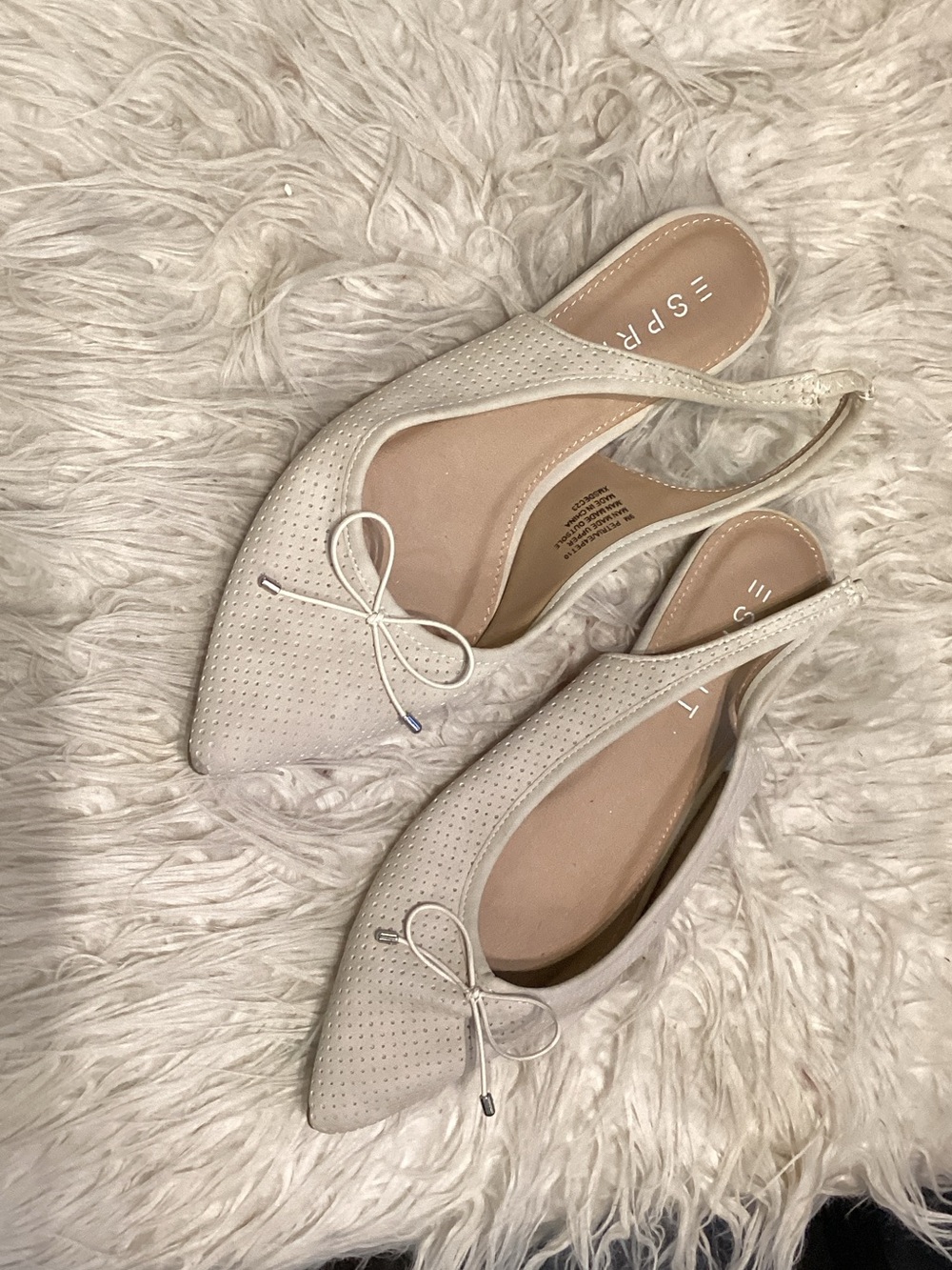Esprit Cream Perforated Pointed-Toe Slingback Flats with Bow